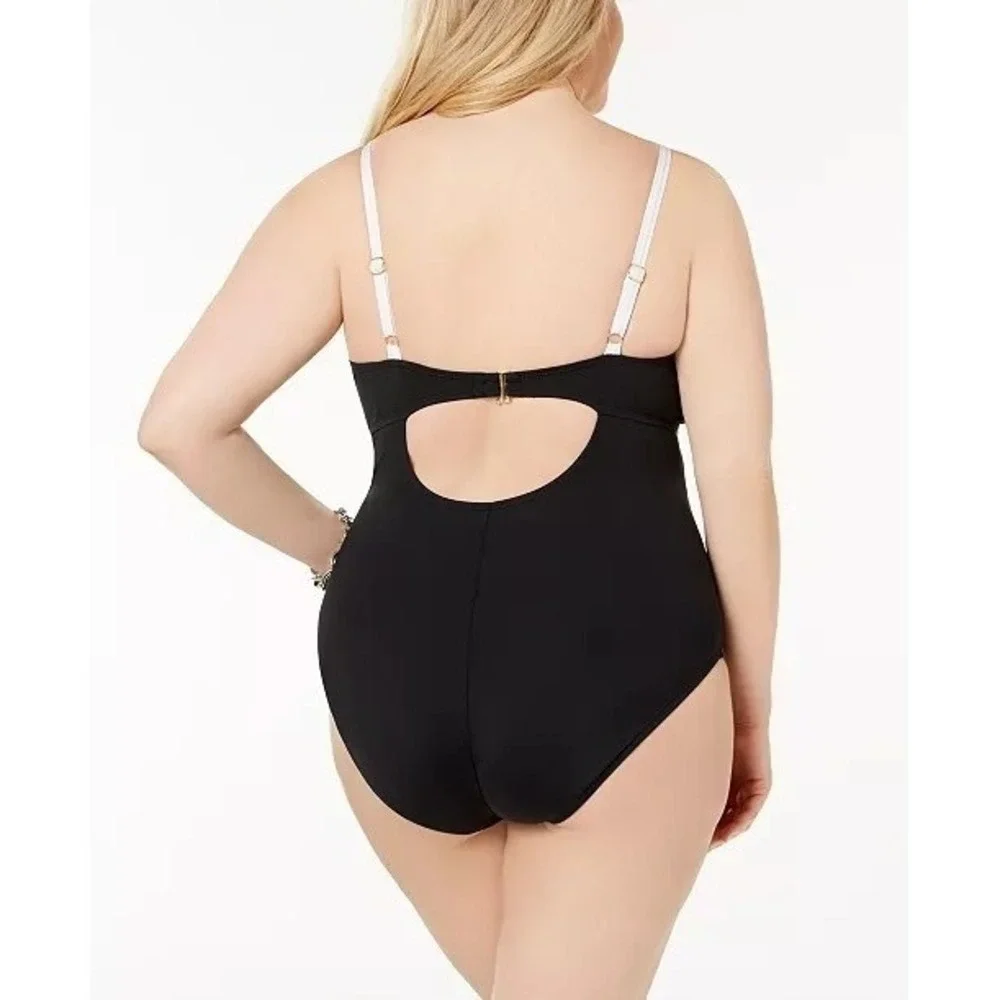 LA BLANCA Plus Size One Piece V Neck Tummy Control Swimsuit Black White Size 16W